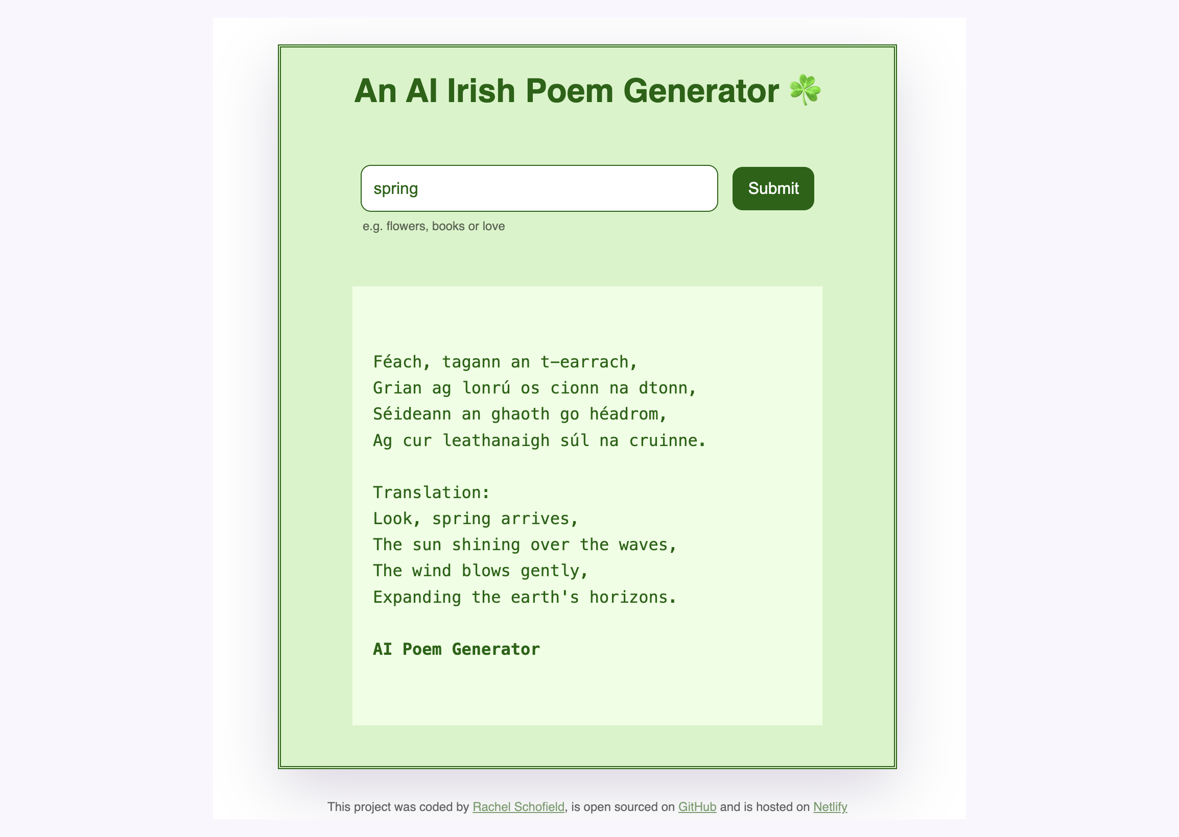 an AI Irish poem generator screenshot